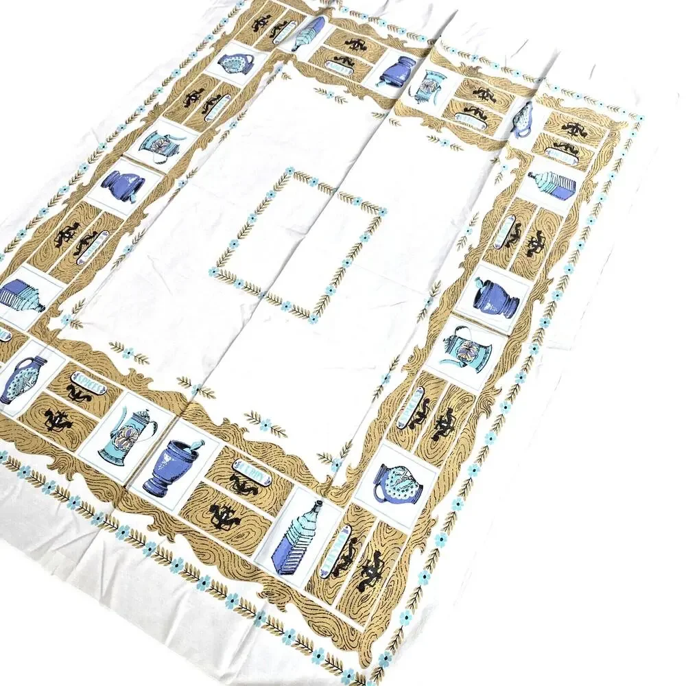 Vintage Mid Century Cotton Tablecloth Colonial Motif Blue & Tan 40